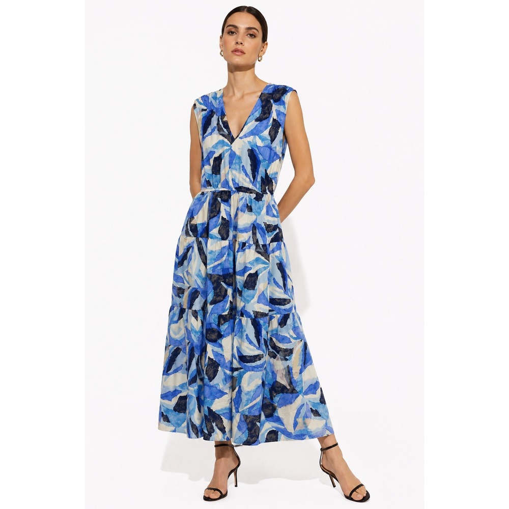 Nine Britton Anisa Dress‎ Blue Abstract Leaf Print V-Neck Tiered Maxi Size S NWT